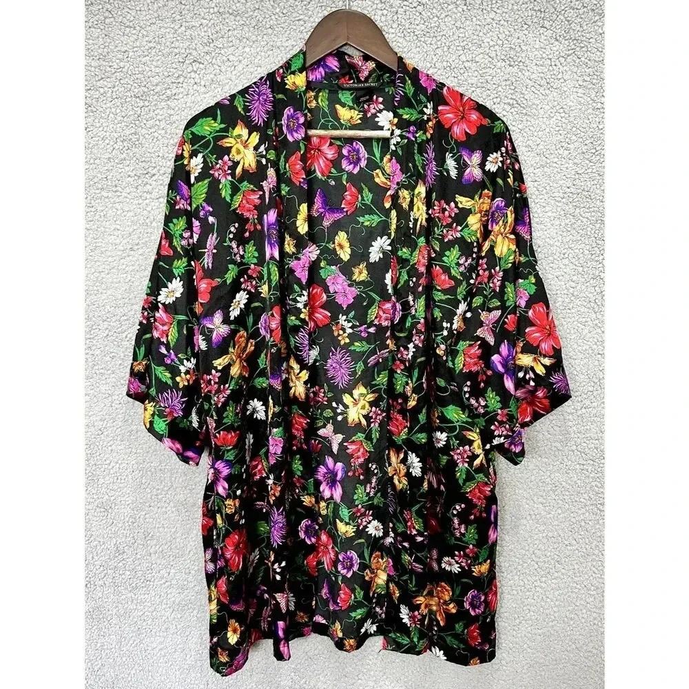 Victorias Secret kimono robe S/M satin black floral butterfly pockets boho fairy